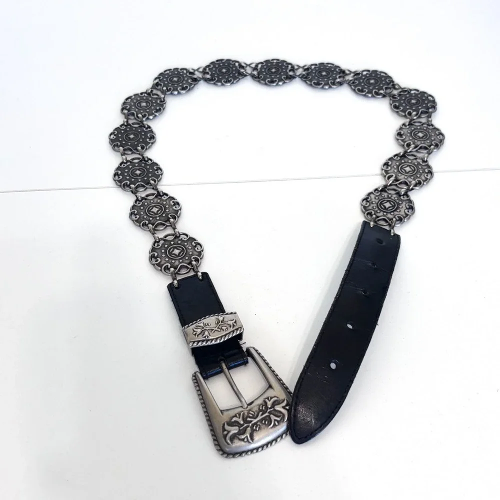 Western Concho Womens‎ Vintage Boho Chain Belt M/L Black Silver Floral Festival